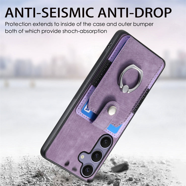 For Samsung Galaxy S25 5G Retro Skin-feel Ring Card Wallet Phone Case(Purple) - Galaxy S25 5G Cases by buy2fix | Online Shopping UK | buy2fix