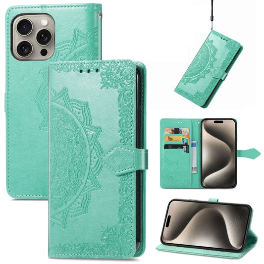 For iPhone 16 Plus Mandala Flower Embossed Leather Phone Case(Green) - iPhone 16 Plus Cases by buy2fix | Online Shopping UK | buy2fix