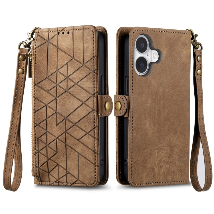 For iPhone 16 Plus Geometric Zipper Wallet Side Buckle Leather Phone Case(Brown) - iPhone 16 Plus Cases by buy2fix | Online Shopping UK | buy2fix