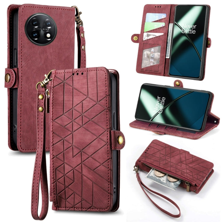 For OnePlus 11 Geometric Zipper Wallet Side Buckle Leather Phone Case(Red) - OnePlus Cases by buy2fix | Online Shopping UK | buy2fix