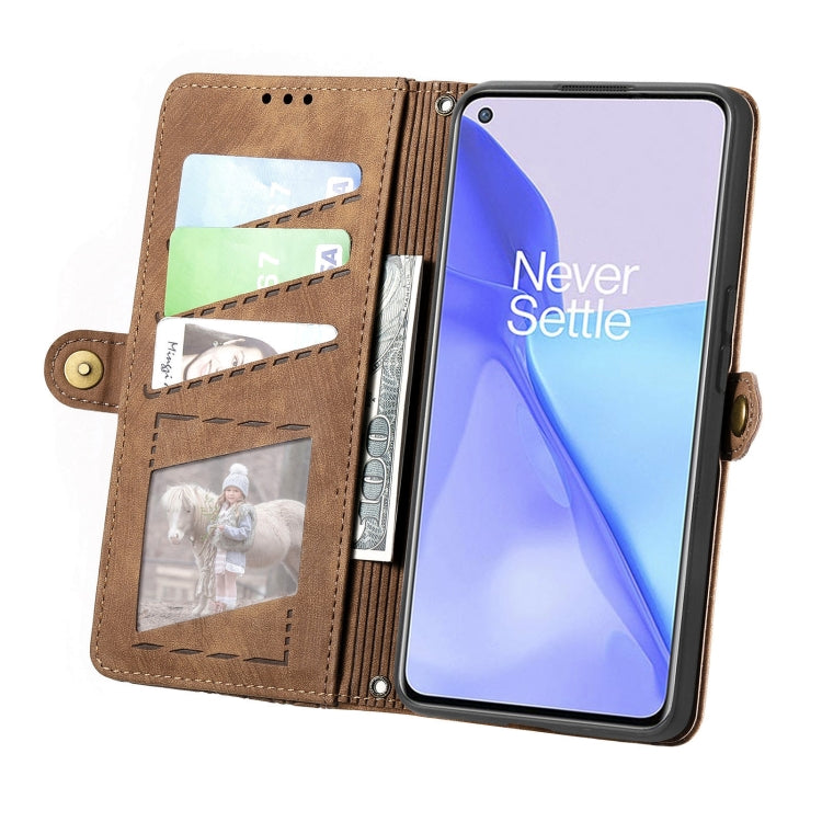 For OnePlus 11 Geometric Zipper Wallet Side Buckle Leather Phone Case(Brown) - OnePlus Cases by buy2fix | Online Shopping UK | buy2fix