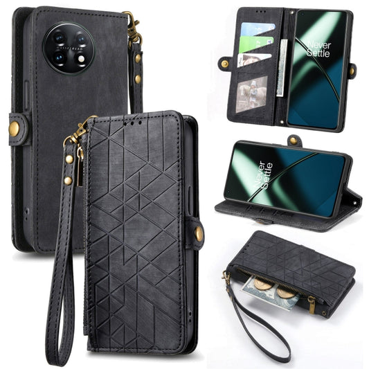 For OnePlus 11 Geometric Zipper Wallet Side Buckle Leather Phone Case(Black) - OnePlus Cases by buy2fix | Online Shopping UK | buy2fix