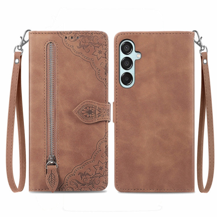 For Samsung Galaxy M15 Embossed Flower Zipper Leather Phone Case(Brown) - Galaxy Phone Cases by buy2fix | Online Shopping UK | buy2fix