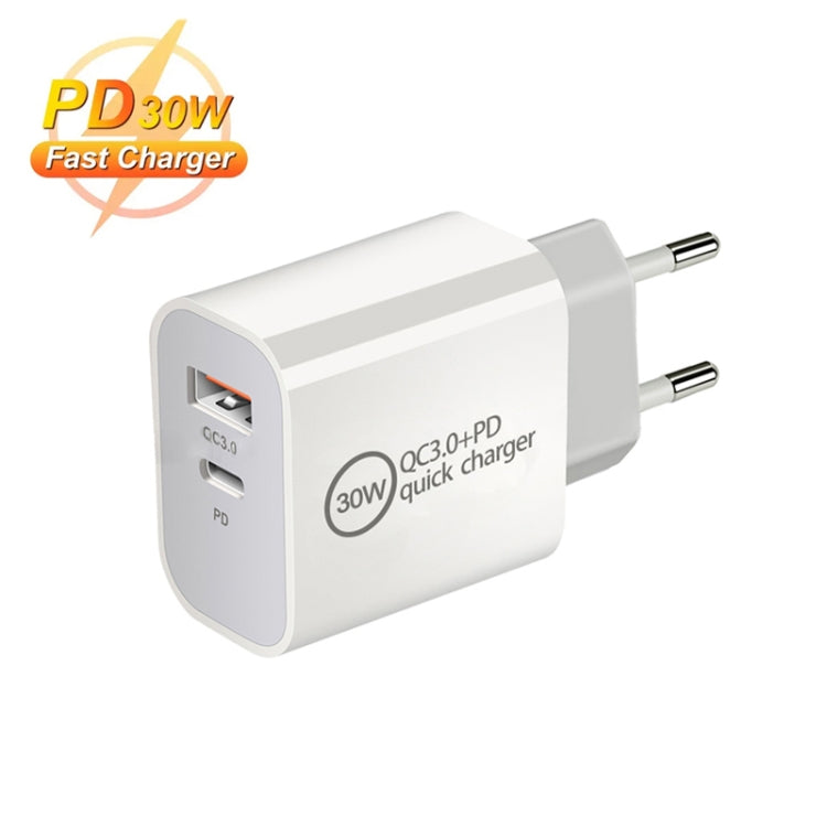 PD30W USB-C / Type-C + QC3.0 USB Dual Port Charger with 1m USB to 8 Pin Data Cable, EU Plug - USB Charger by buy2fix | Online Shopping UK | buy2fix