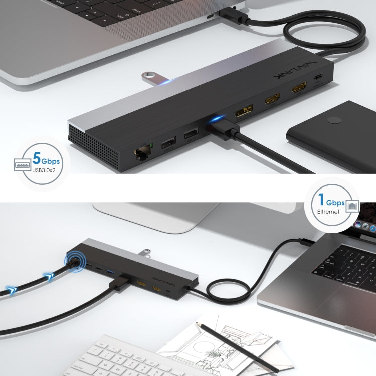 Wavlink UMD08 DisplayPort 12 in 1 Type-C Triple Display Docking Station - USB HUB by WAVLINK | Online Shopping UK | buy2fix