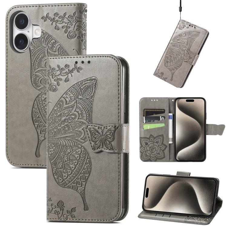 For iPhone 16 Butterfly Love Flower Embossed Leather Phone Case(Gray) - iPhone 16 Cases by buy2fix | Online Shopping UK | buy2fix