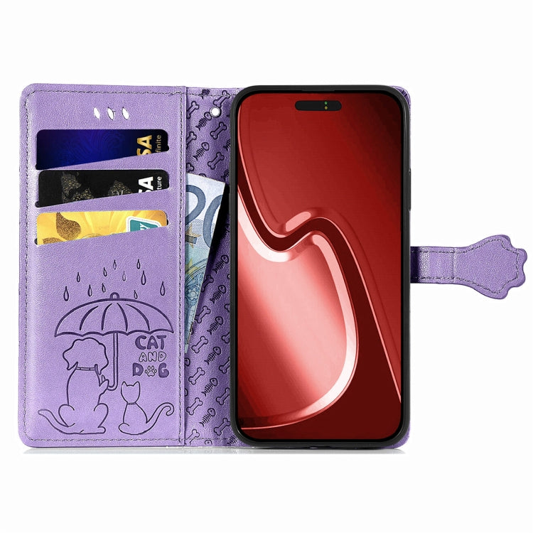 For iPhone 16 Pro Max Cat and Dog Embossed Leather Phone Case(Purple) - iPhone 16 Pro Max Cases by buy2fix | Online Shopping UK | buy2fix