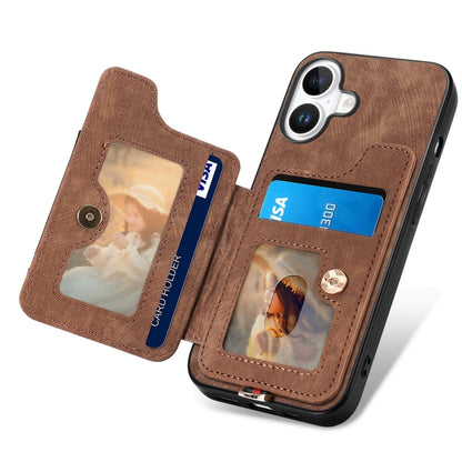 For iPhone 16 Retro Skin-feel Ring Multi-card Wallet Phone Case(Brown) - iPhone 16 Cases by buy2fix | Online Shopping UK | buy2fix