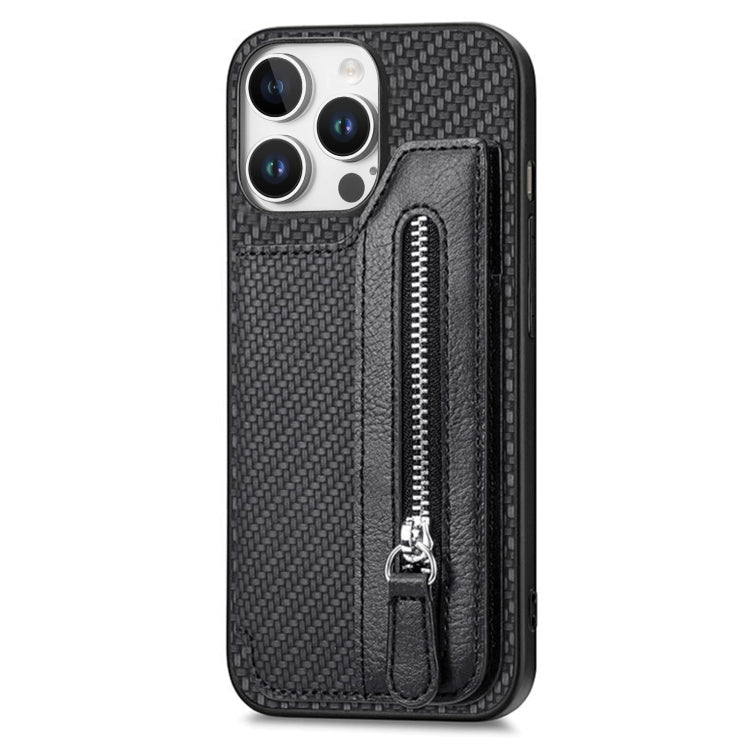 For iPhone 16 Pro Max Carbon Fiber Horizontal Flip Zipper Wallet Phone Case(Black) - iPhone 16 Pro Max Cases by buy2fix | Online Shopping UK | buy2fix