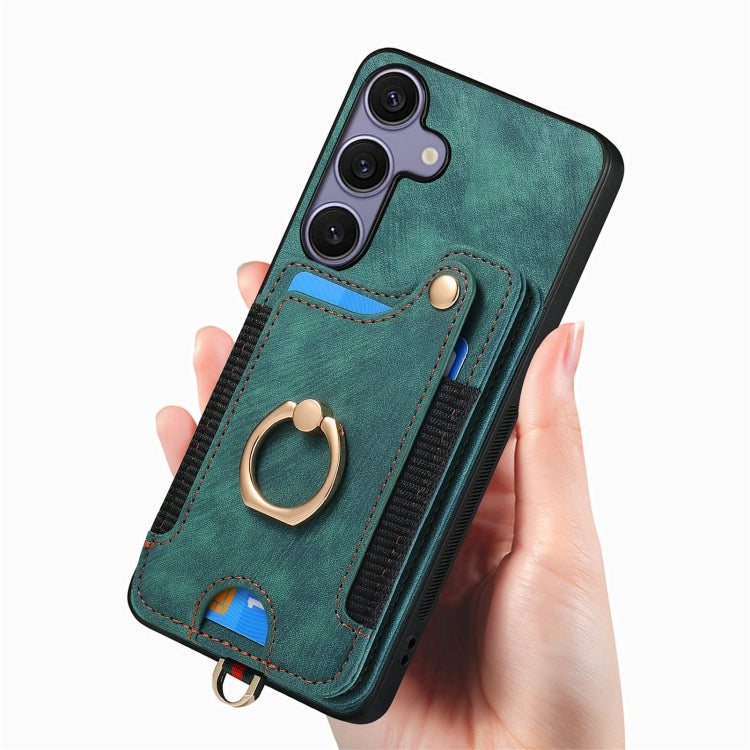 For Samsung Galaxy S25+ 5G Retro Skin-feel Ring Multi-card Wallet Phone Case(Green) - Galaxy S25+ 5G Cases by buy2fix | Online Shopping UK | buy2fix