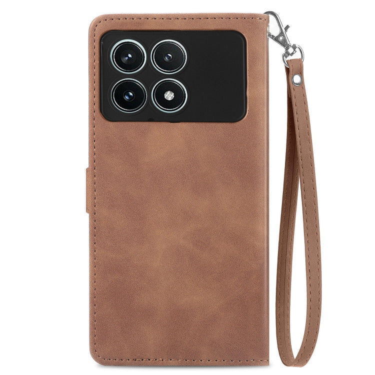 For Xiaomi Redmi K70 Pro Embossed Flower Zipper Leather Phone Case(Brown) - K70 Pro Cases by buy2fix | Online Shopping UK | buy2fix