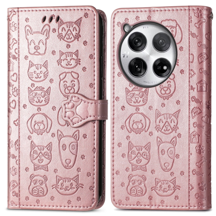 For OnePlus 12 Cat and Dog Embossed Leather Phone Case(Rose Gold) - OnePlus Cases by buy2fix | Online Shopping UK | buy2fix