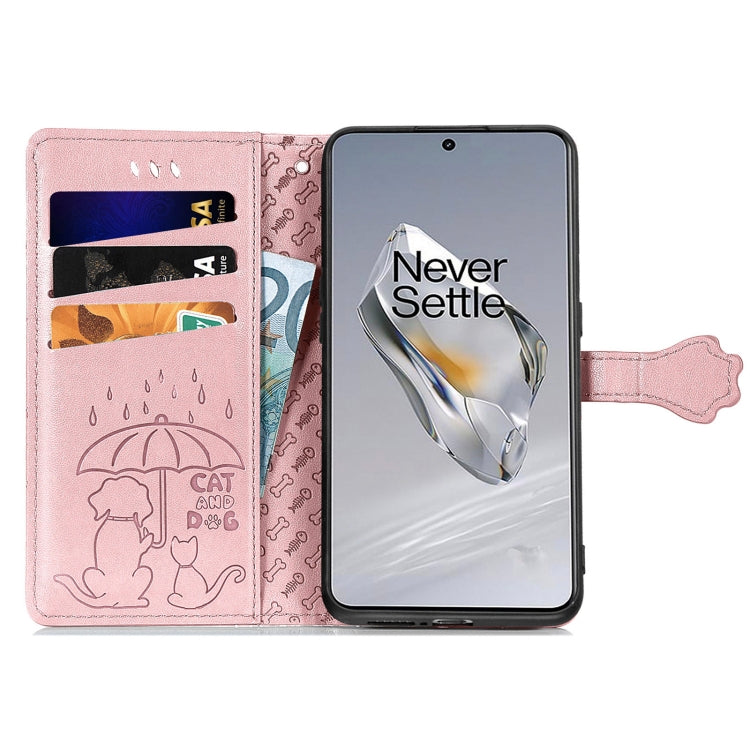 For OnePlus 12 Cat and Dog Embossed Leather Phone Case(Rose Gold) - OnePlus Cases by buy2fix | Online Shopping UK | buy2fix