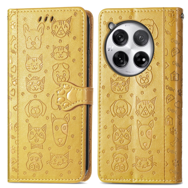 For OnePlus 12 Cat and Dog Embossed Leather Phone Case(Yellow) - OnePlus Cases by buy2fix | Online Shopping UK | buy2fix