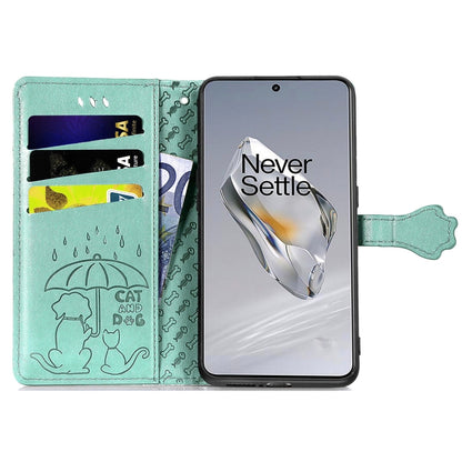 For OnePlus 12 Cat and Dog Embossed Leather Phone Case(Green) - OnePlus Cases by buy2fix | Online Shopping UK | buy2fix