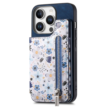 For iPhone 16 Pro Retro Painted Zipper Wallet Back Phone Case(Blue) - iPhone 16 Pro Cases by buy2fix | Online Shopping UK | buy2fix