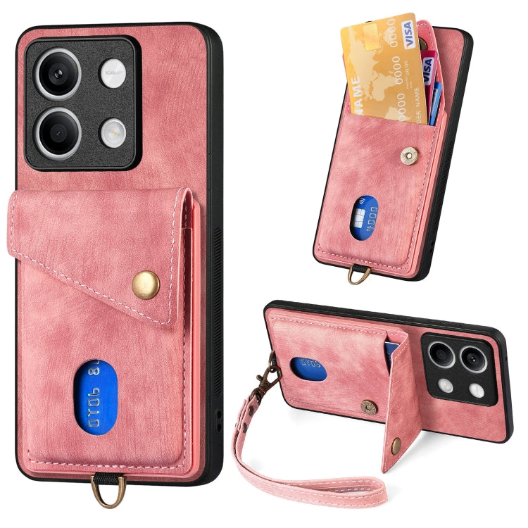 For Xiaomi Redmi Note 13 5G Retro Card Wallet Fold Leather Phone Case with Strap(Pink) - Note 13 Cases by buy2fix | Online Shopping UK | buy2fix