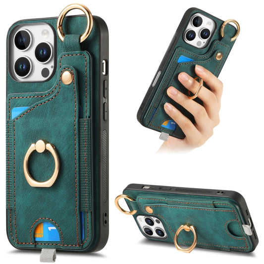 For iPhone 16 Pro Retro Skin-feel Ring Card Bag Phone Case with Hang Loop(Green) - iPhone 16 Pro Cases by buy2fix | Online Shopping UK | buy2fix