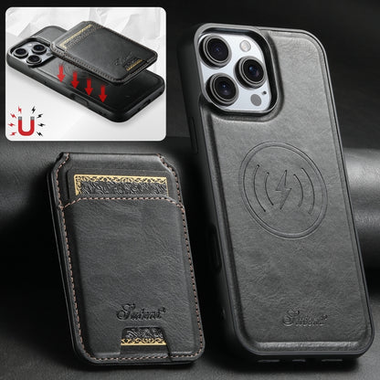 For iPhone 16 Pro Suteni H15 MagSafe Oil Eax Leather Detachable Wallet Back Phone Case(Black) - iPhone 16 Pro Cases by Suteni | Online Shopping UK | buy2fix