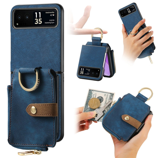 For Motorola Razr 40 Retro Skin-feel Ring Multi-card Wallet Phone Case(Blue) - Motorola Cases by buy2fix | Online Shopping UK | buy2fix