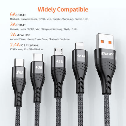 ENKAY 4-in-1 6A USB-A to Type-C / 8 Pin / Micro USB Multifunction Fast Charging Cable, Cable Length:1m(Grey) - Multifunction Cable by ENKAY | Online Shopping UK | buy2fix