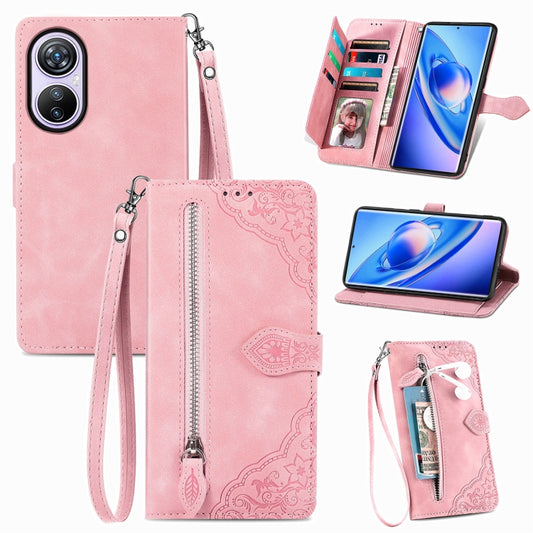 For Blackview A200 Pro Embossed Flower Zipper Leather Phone Case(Pink) - More Brand by buy2fix | Online Shopping UK | buy2fix
