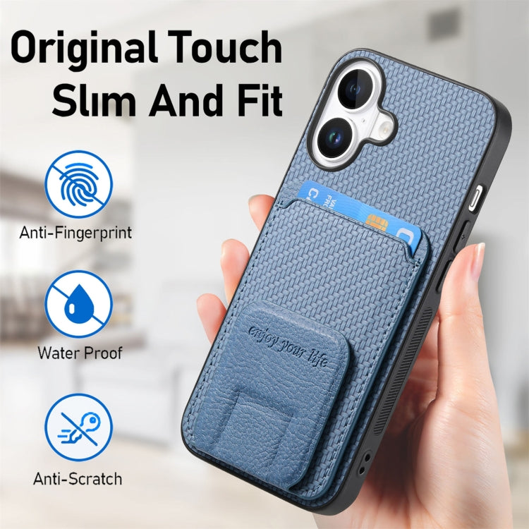 For iPhone 16 Carbon Fiber Card Bag Fold Stand Phone Case(Blue) - iPhone 16 Cases by buy2fix | Online Shopping UK | buy2fix