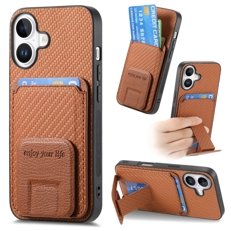 For iPhone 16 Carbon Fiber Card Bag Fold Stand Phone Case(Brown) - iPhone 16 Cases by buy2fix | Online Shopping UK | buy2fix