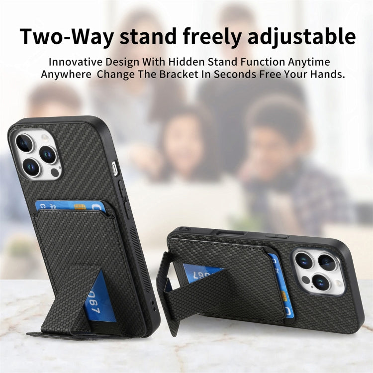 For iPhone 16 Pro Carbon Fiber Card Bag Fold Stand Phone Case(Black) - iPhone 16 Pro Cases by buy2fix | Online Shopping UK | buy2fix