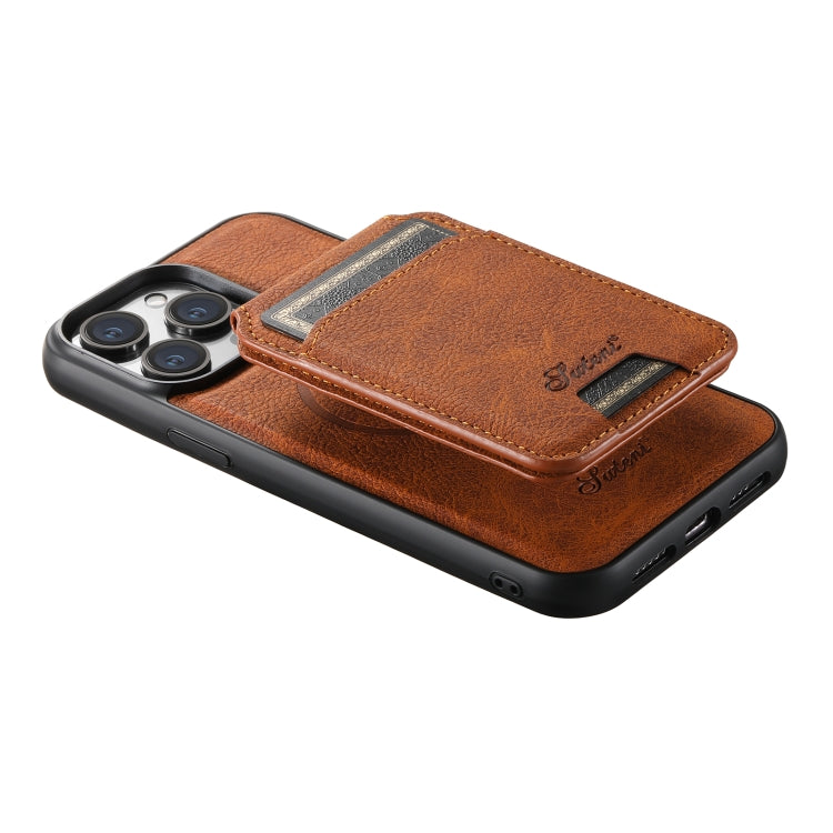 For iPhone 14 Suteni H17 Litchi Texture Leather MagSafe Detachable Wallet Phone Case(Khaki) - iPhone 14 Cases by Suteni | Online Shopping UK | buy2fix
