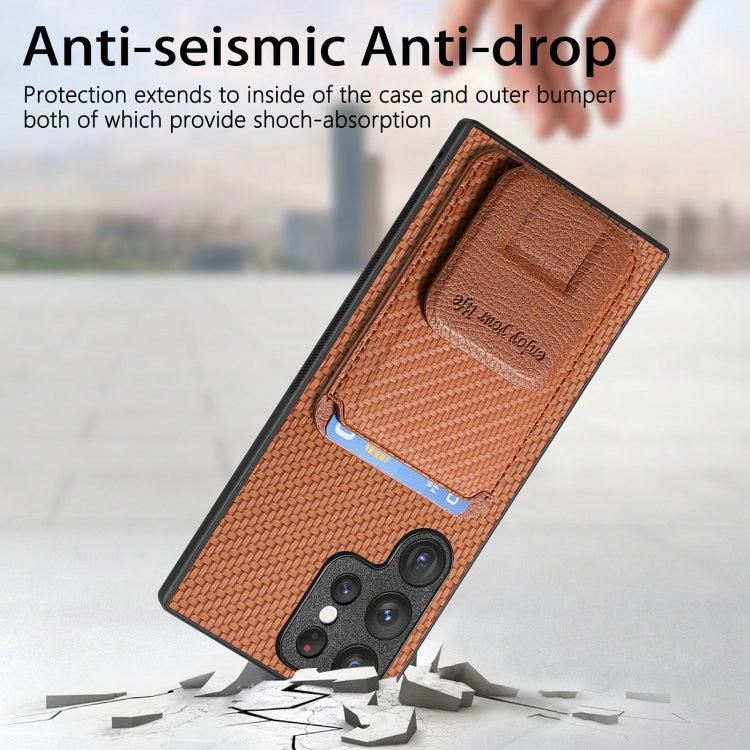 For Samsung Galaxy S22 Ultra 5G Carbon Fiber Card Bag Fold Stand Phone Case(Brown) - Galaxy S22 Ultra 5G Cases by buy2fix | Online Shopping UK | buy2fix