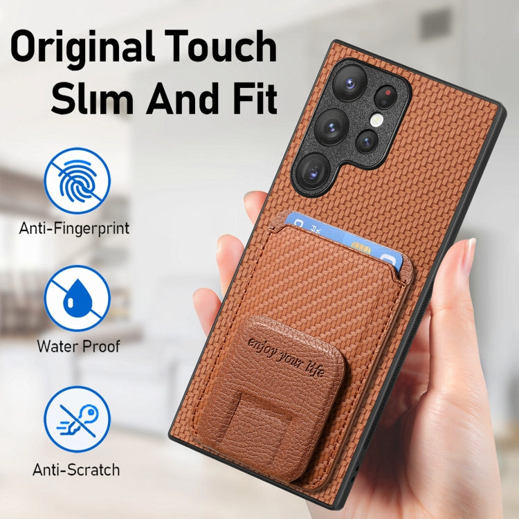 For Samsung Galaxy S22+ 5G Carbon Fiber Card Bag Fold Stand Phone Case(Brown) - Galaxy S22+ 5G Cases by buy2fix | Online Shopping UK | buy2fix