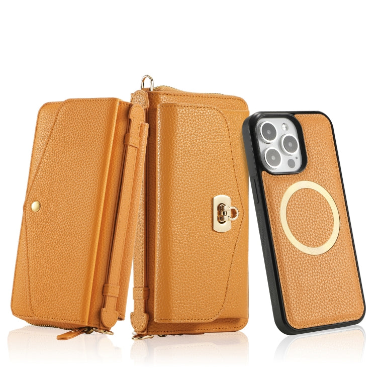 For iPhone 15 Plus MagSafe Crossbody Multi-functional Zipper Wallet Litchi Leather Phone Case(Orange) - iPhone 15 Plus Cases by buy2fix | Online Shopping UK | buy2fix