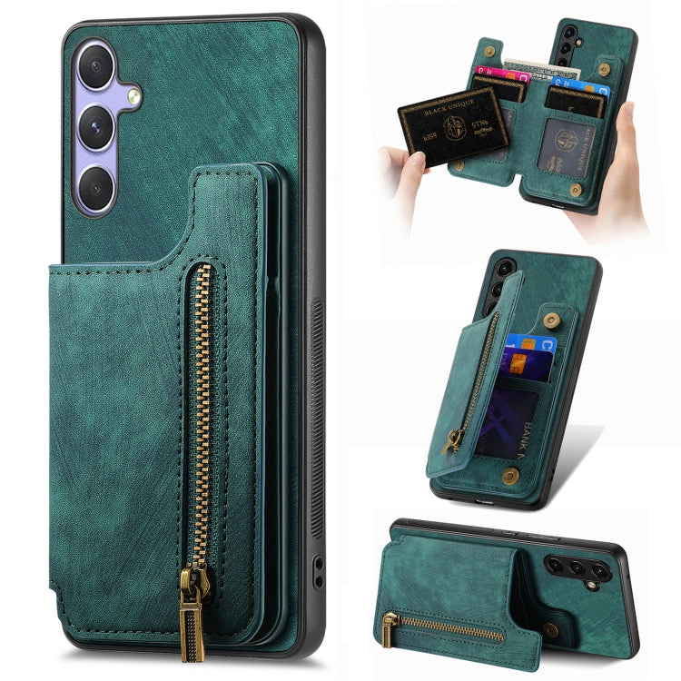 For Samsung Galaxy S25 5G Retro Leather Zipper Wallet Back Phone Case(Green) - Galaxy S25 5G Cases by buy2fix | Online Shopping UK | buy2fix