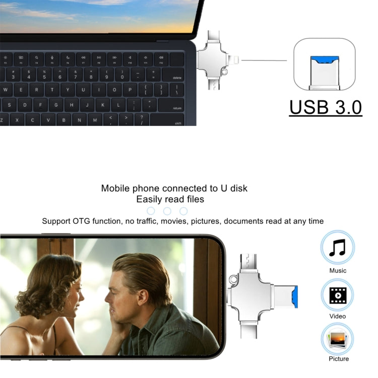 4 in 1 USB-C / Type-C  USB 2.0 + Micro USB + 8 Pin Adapter TF Card Reader, Memory Card:64GB(Sliver) - U Disk & Card Reader by buy2fix | Online Shopping UK | buy2fix