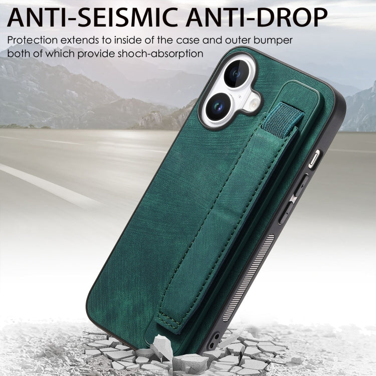 For iPhone 16 Retro Wristband Holder Leather Back Phone Case(Green) - iPhone 16 Cases by buy2fix | Online Shopping UK | buy2fix