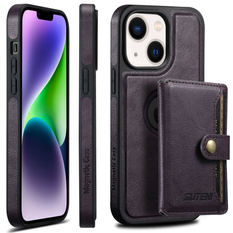 For iPhone 14 Plus Suteni M1 Oil Wax MagSafe Detachable Horizontal Card Bag Phone Case(Purple) - iPhone 14 Plus Cases by Suteni | Online Shopping UK | buy2fix