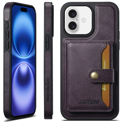 For iPhone 16 Suteni M1 Oil Wax MagSafe Detachable Horizontal Card Bag Phone Case(Purple) - iPhone 16 Cases by Suteni | Online Shopping UK | buy2fix