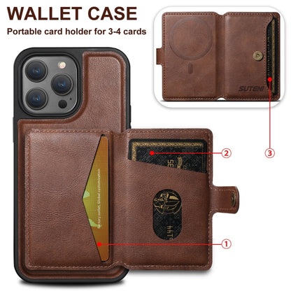 For iPhone 16 Suteni M1 Oil Wax MagSafe Detachable Horizontal Card Bag Phone Case(Brown) - iPhone 16 Cases by Suteni | Online Shopping UK | buy2fix