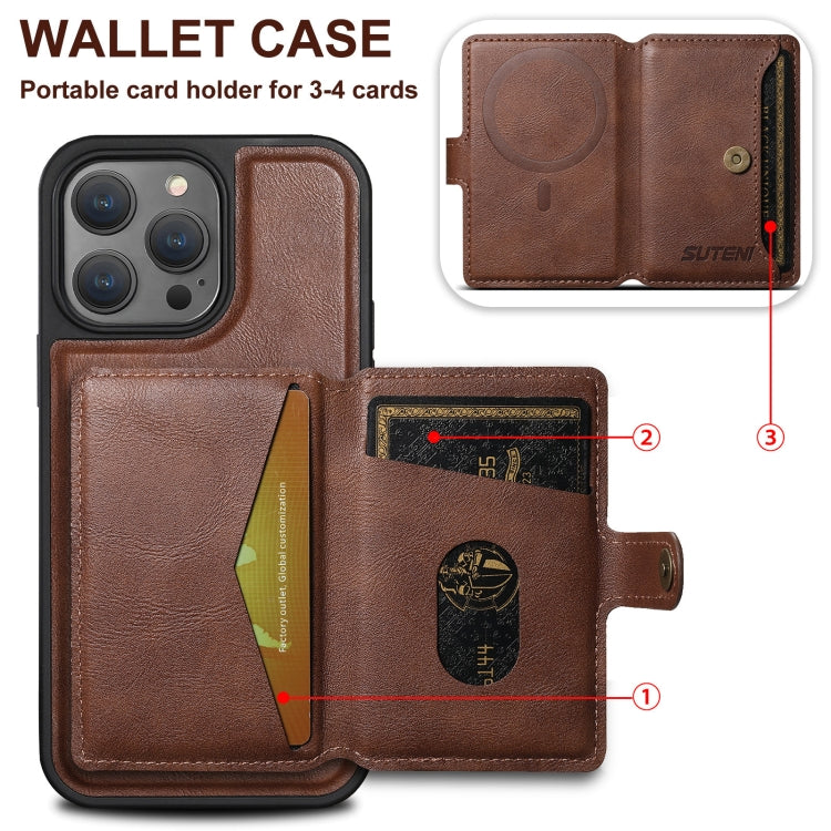 For iPhone 16 Pro Suteni M1 Oil Wax MagSafe Detachable Horizontal Card Bag Phone Case(Brown) - iPhone 16 Pro Cases by Suteni | Online Shopping UK | buy2fix