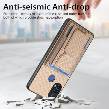For Motorola Moto G Stylus 5G 2024 Carbon Fiber Fold Stand Elastic Card Bag Phone Case(Khaki) - Motorola Cases by buy2fix | Online Shopping UK | buy2fix