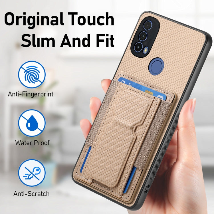 For Motorola Moto G Stylus 5G 2024 Carbon Fiber Fold Stand Elastic Card Bag Phone Case(Khaki) - Motorola Cases by buy2fix | Online Shopping UK | buy2fix