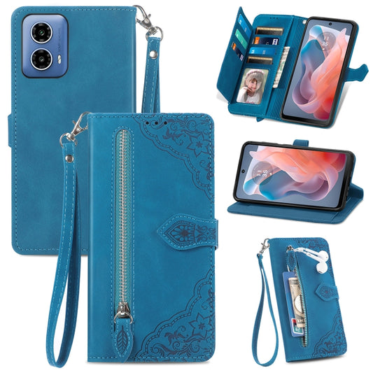 For Motorola Moto G Play 2024 Embossed Flower Zipper Leather Phone Case(Blue) - Motorola Cases by buy2fix | Online Shopping UK | buy2fix