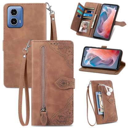 For Motorola Moto G Play 2024 Embossed Flower Zipper Leather Phone Case(Brown) - Motorola Cases by buy2fix | Online Shopping UK | buy2fix