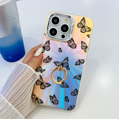 For iPhone 16 Pro Electroplating Laser Butterfly Ring Holder Phone Case(Black Butterflies AB5) - iPhone 16 Pro Cases by buy2fix | Online Shopping UK | buy2fix