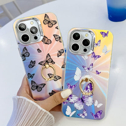 For iPhone 16 Plus Electroplating Laser Butterfly Ring Holder Phone Case(White Purple Butterflies AB6) - iPhone 16 Plus Cases by buy2fix | Online Shopping UK | buy2fix