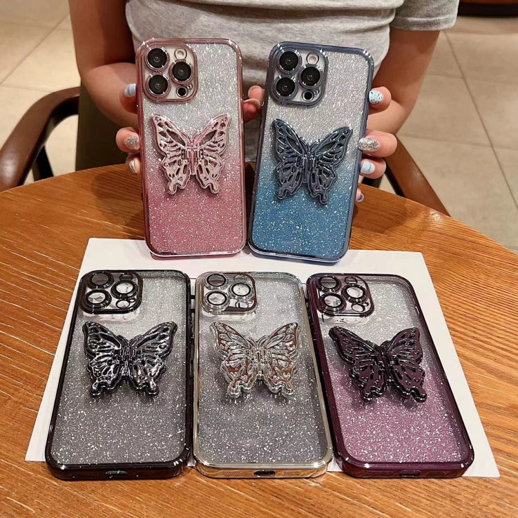 For iPhone 16 Pro Electroplated Gradient Glitter 3D Butterfly TPU Phone Case(Gradient Silver) - iPhone 16 Pro Cases by buy2fix | Online Shopping UK | buy2fix