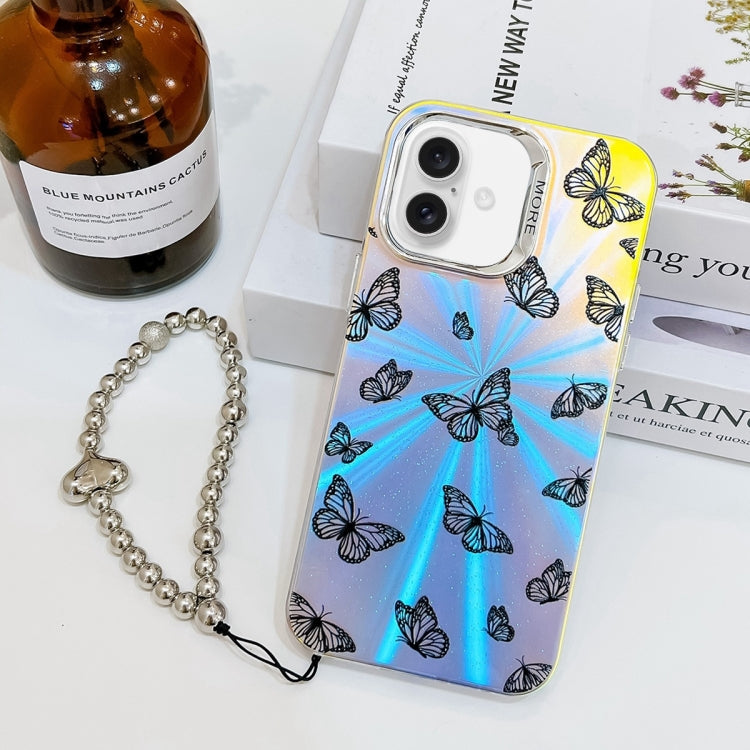 For iPhone 16 Plus Electroplating Laser Butterfly Phone Case with Wrist Strap(Black Butterflies AB5) - iPhone 16 Plus Cases by buy2fix | Online Shopping UK | buy2fix