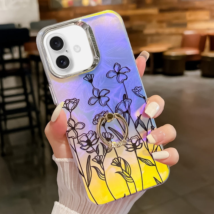 For iPhone 16 Plus Electroplating Laser Flower Ring Holder TPU Phone Case(Drawn Flowers AH3) - iPhone 16 Plus Cases by buy2fix | Online Shopping UK | buy2fix