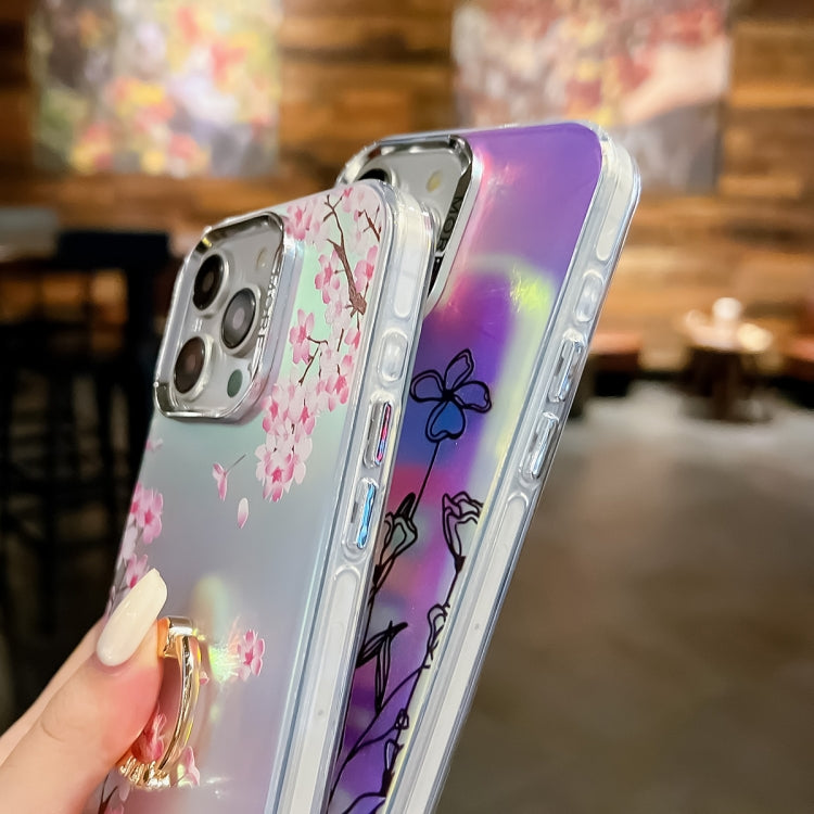 For iPhone 16 Pro Electroplating Laser Flower Ring Holder TPU Phone Case(Peach Blossom AH4) - iPhone 16 Pro Cases by buy2fix | Online Shopping UK | buy2fix